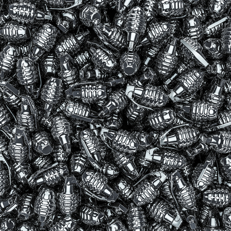 Silver grenades background, 3D render of hundreds of silver hand grenadesの写真素材