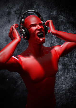 Music to blow your mind  3D render of male figure listening to painfully loud music through headphonesの写真素材