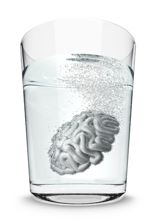 Brain seltzer  3D render of brain fizzing in glass of waterの写真素材