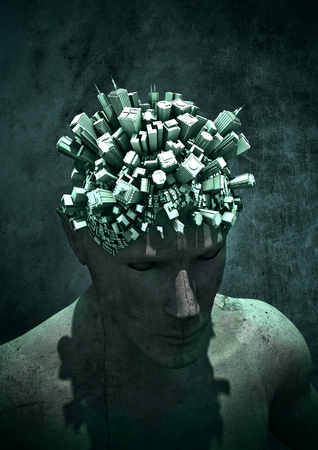 Urban mind  3D render of modern city growing from head of statue