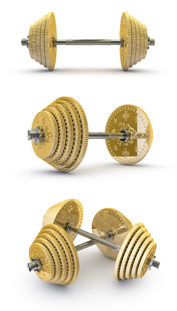Worth the weight dumbbell  3D render of dumbbell with gold coins for weightsの写真素材