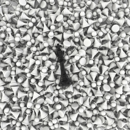 Black king on a sea of pawns  3D render of black chess king lying on hundreds of white pawns