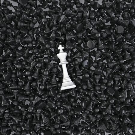 White king on a sea of pawns  3D render of white chess king lying on hundreds of black pawnsの写真素材