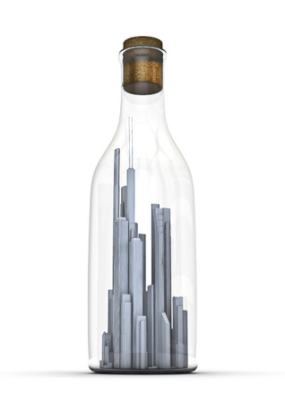 City in a bottle  3D render of tiny modern city inside corked bottleの写真素材