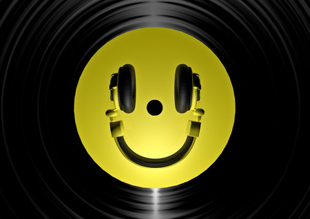 Vinyl headphone smiley  3D render of vinyl record and headphones forming smiley faceの写真素材