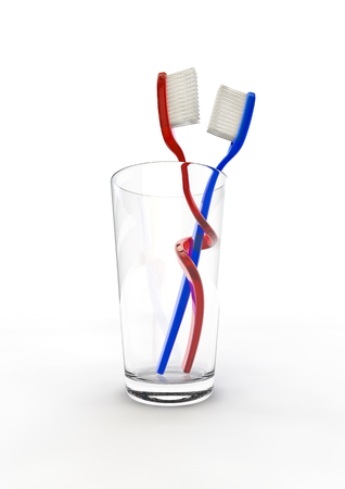 Toothbrush love  3D render of entangled toothbrush coupleの写真素材