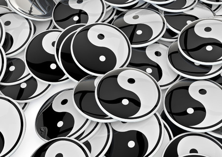 Yin-yang badges  3D render of metallic badges with yin-yang harmony symbolの写真素材