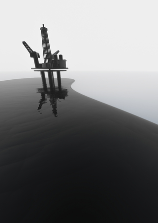 Oil spill  3D render of black oil and rigの写真素材