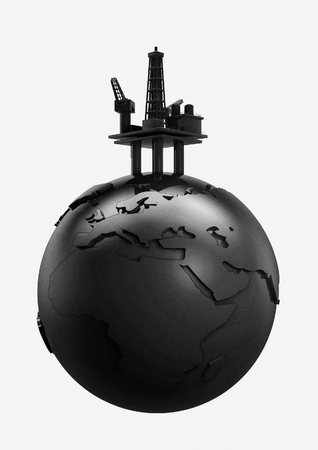 World oil  3D render of black Earth globe and oil rigの写真素材