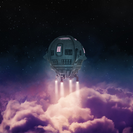 Out of the atmosphere  3D render of spaceship rising above cloudsの写真素材