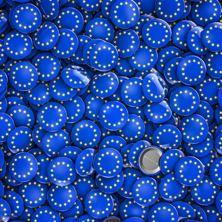 EU badges background / 3D illustration of shiny metallic badges with European Union flag