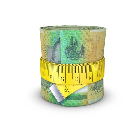 Tape measure Australian dollars / 3D illustration of measuring tape tightening around roll of bank notesの写真素材