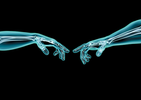 Creation hands x-ray / 3D illustration of x-rayed hands reaching to touch fingersの写真素材