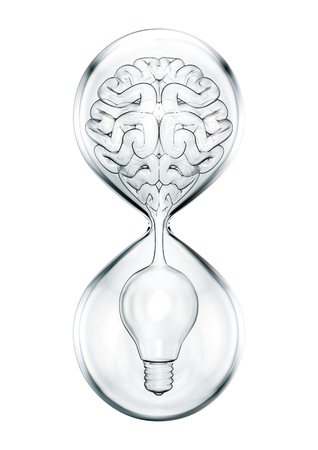 Time for ideas / 3D illustration of glass brain flowing through hourglass to form light bulb