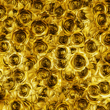Golden roses background / 3D illustration of metallic gold rosesの写真素材