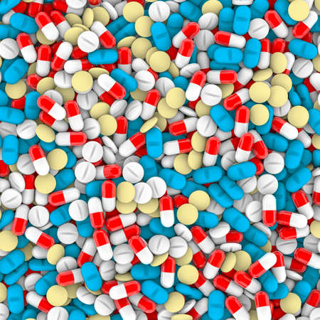 Medicine background concept / 3D illustration of various medical pills and tablets filling imageの写真素材
