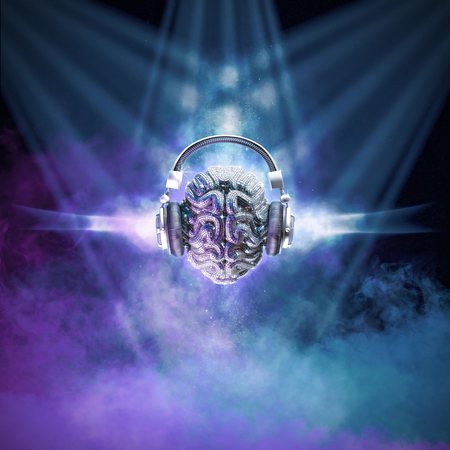 Disco ball brain / 3D illustration of mirror ball human brain with headphones in smoky nightclub...