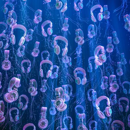Jellyfish headphones concept / 3D illustration of underwater swarm of jellyfish like headphonesの写真素材