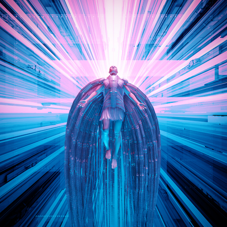 Science fiction angel / 3D illustration of futuristic angel floating in technological spaceの写真素材