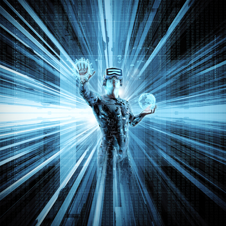 Virtual reality data stream / 3D illustration of male figure in virtual gear working in cyberspace