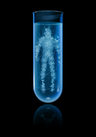 Test tube human / 3D illustration of human figure forming from bubbles inside glass test tubeの写真素材