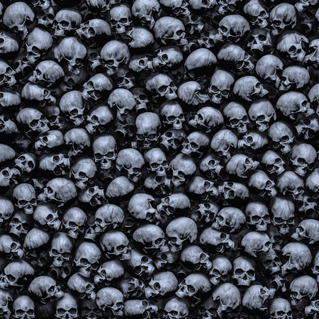Gothic skulls background / 3D illustration of dark grungy human skulls piled closely togetherの写真素材