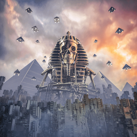 Gods of New Egypt / 3D illustration of science fiction scene showing skeleton pharaoh figure rising above fictional futuristic Egyptian city at sunset with pyramid shaped spaceships rising into skyの写真素材