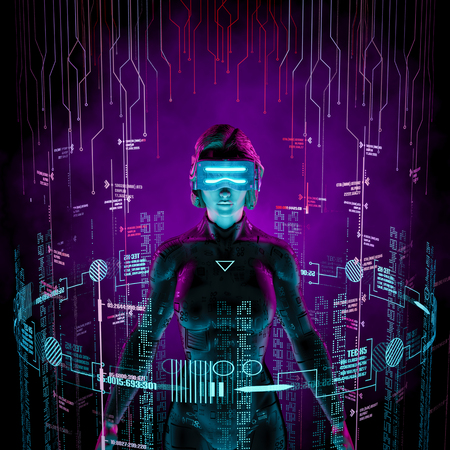 Virtual data explorer woman / 3D illustration of female figure surrounded by glowing virtual user interfaceの写真素材