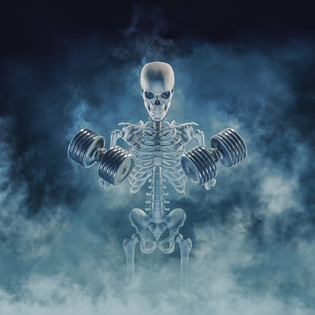 The phantom bodybuilder / 3D illustration of scary fitness skeleton lifting heavy dumbbells emerging through smokeの写真素材