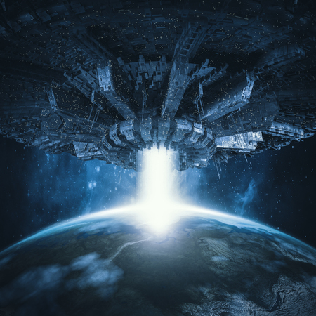 Planetary invasion spacecraft / 3D illustration of science fiction scene with giant alien spaceship hovering in space over Earth like planetの写真素材