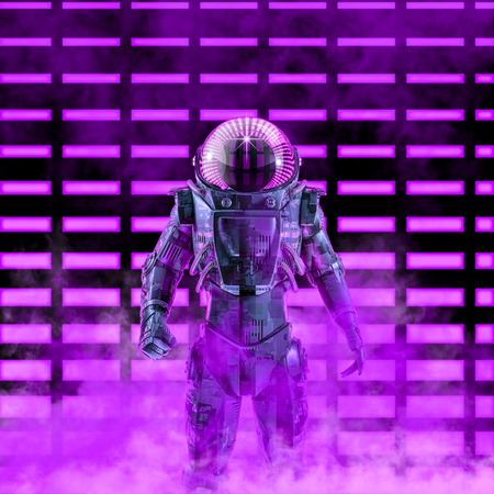 The dark neon astronaut / 3D illustration of science fiction scene with astronaut in armoured space suit in front of glowing neon lightsの写真素材