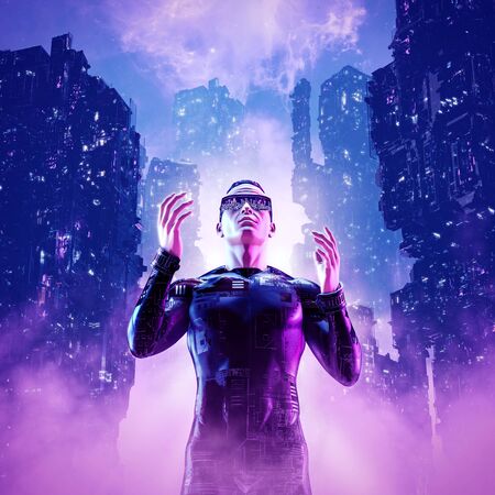 Neon night hero of man with sunglasses in futuristic neon lit cyberpunk cityの写真素材