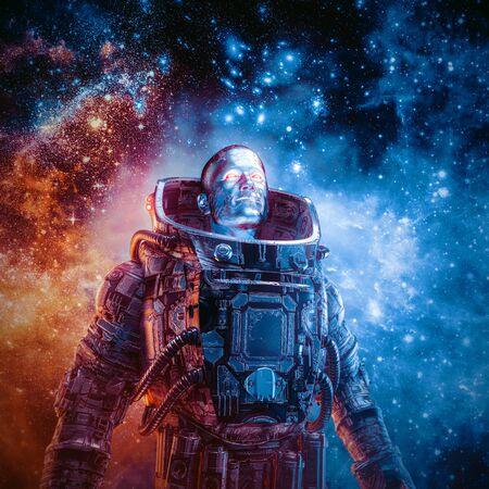 Between new frontiers / 3D illustration of science fiction scene with heroic robotic astronaut...