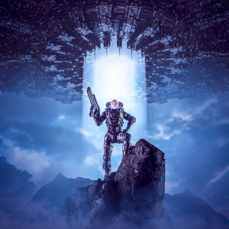 Daughter of the new dawn of science fiction scene showing female military astronaut on mountain top...