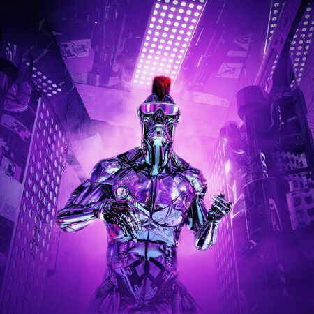 The artificial boy returns of futuristic metallic science fiction male humanoid cyborg with mohawk hairstyle and sunglassesの写真素材