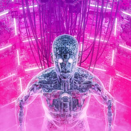 Positronic brain overload of futuristic glass science fiction male humanoid cyborg awakening inside glowing computer coreの写真素材