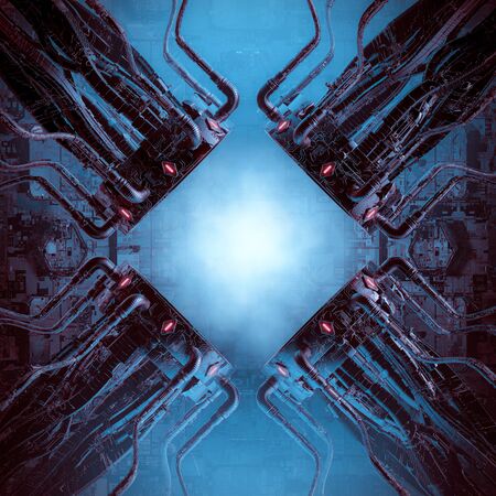 Science fiction generator / 3D illustration of dark complex futuristic machinery with glowing copy...