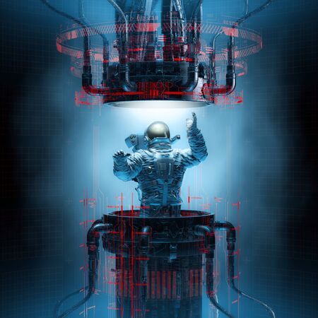 Basic teleportation principles / 3D illustration of astronaut emerging from dark complex futuristic teleport portal machineryの写真素材