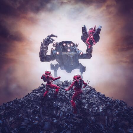 Mech trouble on Titan / 3D illustration of retro pulp science fiction scene showing astronauts...