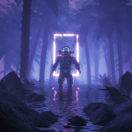 Psychedelic jungle astronaut / 3D illustration of science fiction scene showing surreal astronaut in...