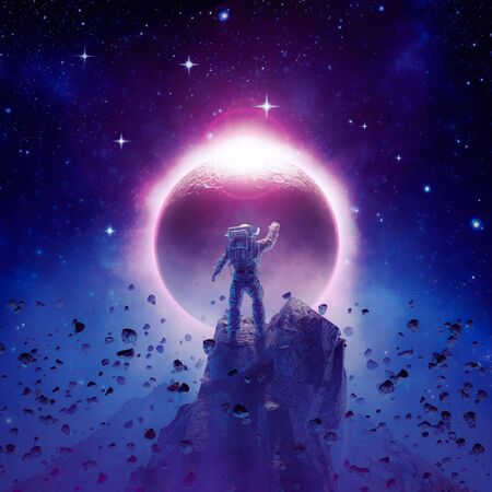 The final eclipse / 3D illustration of science fiction scene showing astronaut viewing solar eclipse...