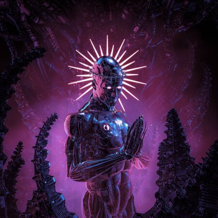 Digital messiah complex of science fiction male humanoid cyborg bowed in prayer with metal crown of...