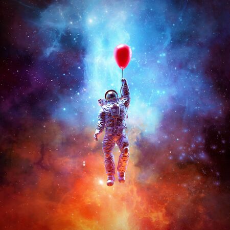 Dream of escape / 3D illustration of surreal science fiction scene with astronaut floating into space using red balloonの写真素材