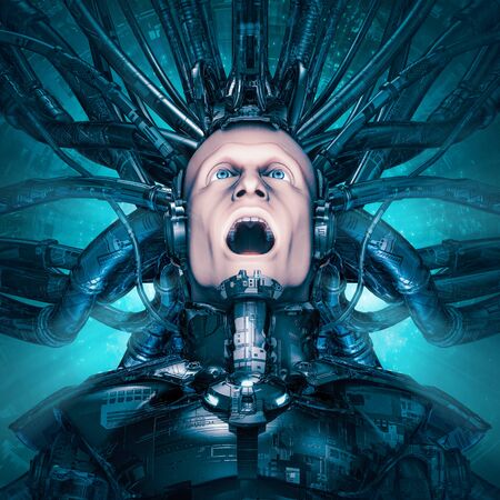 Trapped in my own reality / 3D illustration of science fiction scene with terrified man encased in...