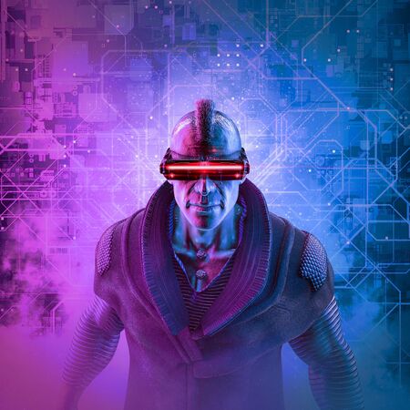Cyberpunk mohawk man in science fiction character wearing futuristic glasses on abstract technology