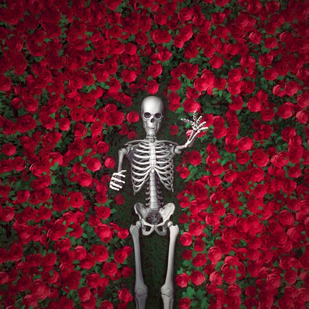 Red roses and death / 3D illustration of surreal scene with skeleton reaching out from field of bright flowersの写真素材