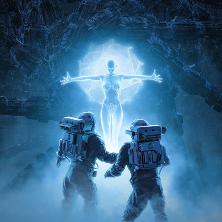 Witch in the mist / 3D illustration of retro science fiction scene showing astronauts encountering...