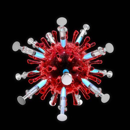 Covid-19 vaccine development concept / 3D illustration of multiple medical syringes injecting red coronavirus cell isolated on black backgroundの写真素材