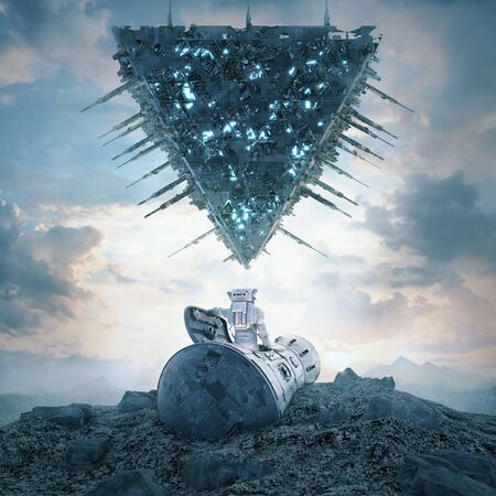 Alien pyramid power / 3D illustration of science fiction scene with astronaut encountering giant...
