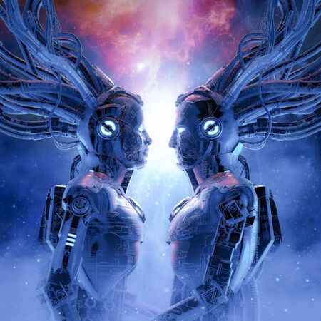 Science fiction male and female robot couple in outer space